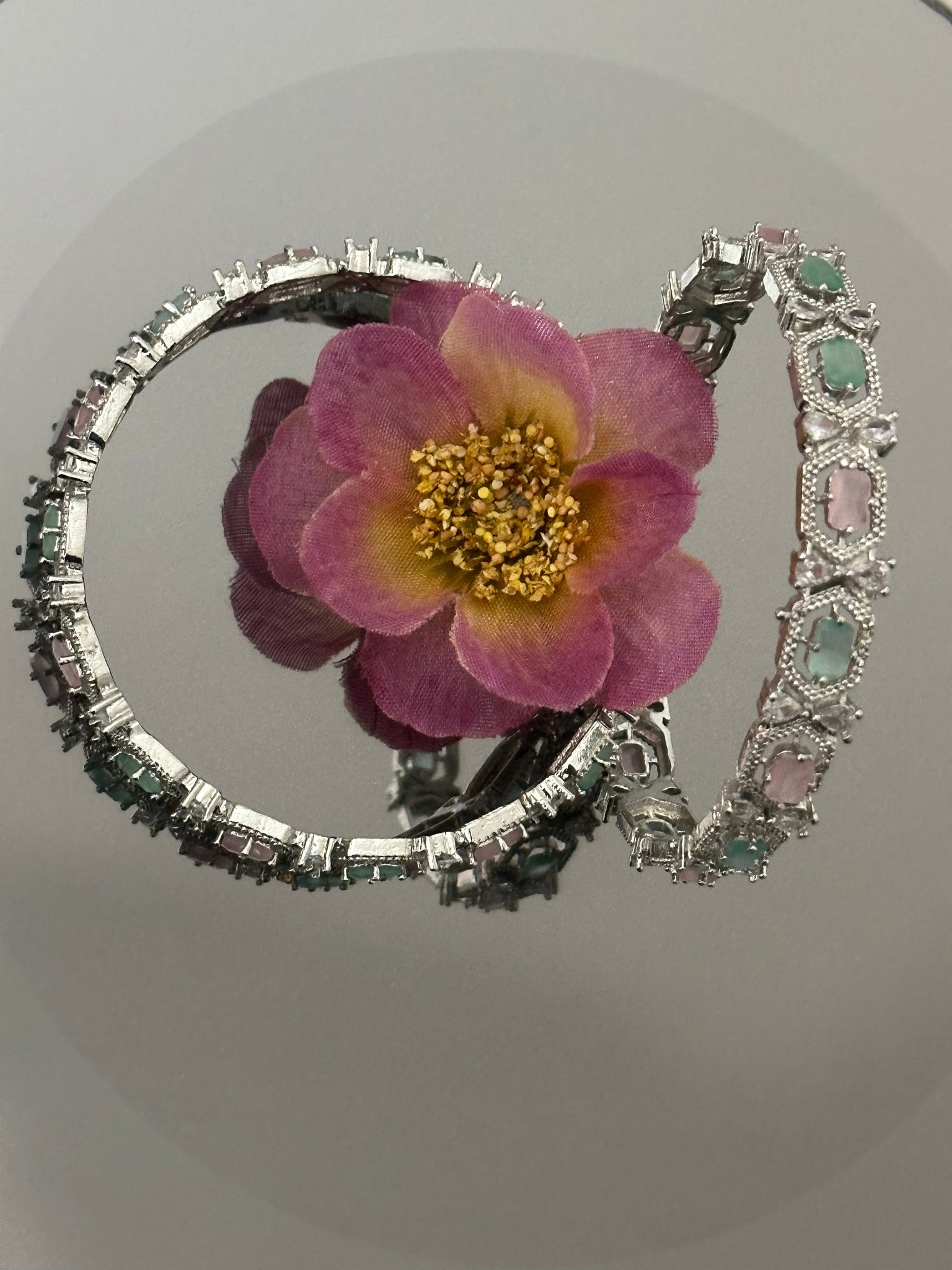 Indian Silver American Diamond CZ Bangles |  Mint pink Emerald Diamond Silver Bangle | Set Of 2 CZ Diamond Bangles | Cubic Zirconia Bangles Jewelry