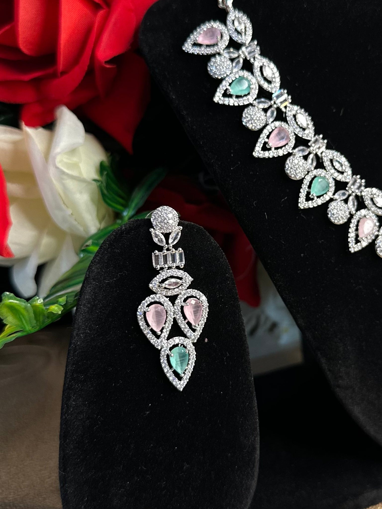 Cubic Zirconic AD Choker mint pink Necklace Set with Earrings
