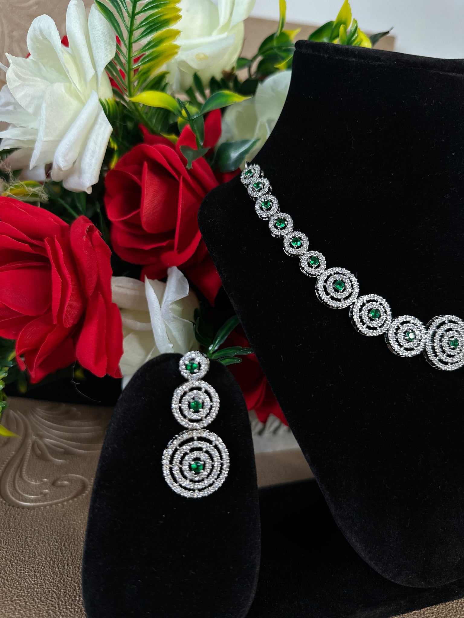 Silver Finish CZ American Diamond Choker Set with Earrings | AD Wedding Choker